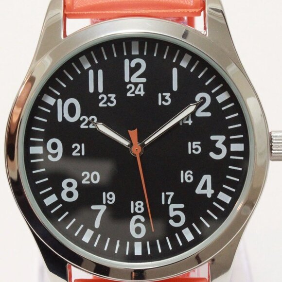 Men's Quartz Field Watch Silver Case Orange Tropical Rubber Strap 42mm - Picture 9 of 15